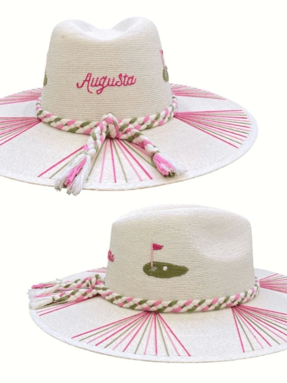 Embroidered 'Augusta' Straw Sun Hat - Pink & Olive Accents